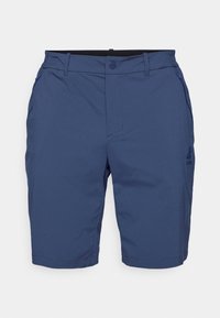 Navy blue shorts with a smooth texture, two side pockets, a button closure, and a subtle logo on the left leg. Tailored design, knee-length.
