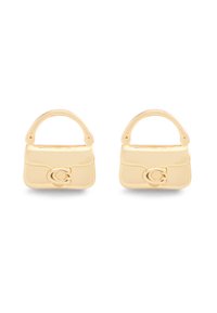 Guldtonade örhängen formade som små handväskor, med ett böjt handtag och ett spänne. Slät yta med en polerad finish.