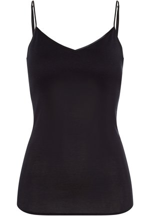 Top in cotone nero con spalline sottili regolabili, scollatura a V e silhouette aderente. Realizzato in un tessuto morbido e liscio con una leggera lucentezza.