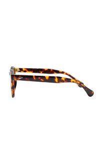 Occhiali da sole tartarugati con lenti rettangolari, montatura spessa e finitura lucida. Include astine dai contorni delicati e senza hardware visibile.