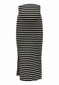 Schwarz- und cremefarbene gestreifte Midin verleiht einen figurbetonten Schnitt, seitlichen Schlitz und eine glatte Stoffoberfläche. Klassische horizontale Streifen über das gesamte Kleidungsstück.