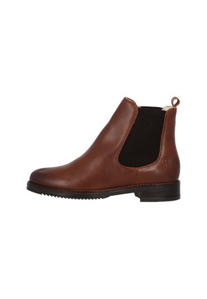 Brown leather ankle boot with elastic side panels, round toe, and textured sole. Features a pull tab for easy access.