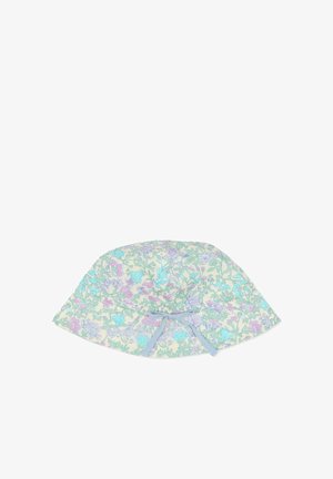 Chapeau bob fleuri aux couleurs pastel, présentant un motif de fleurs violettes et bleues sur un fond vert clair avec un accent de nœud bleu.