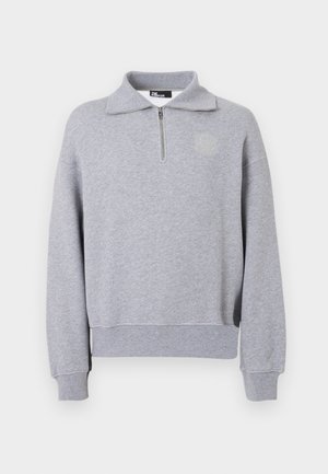 Light grey pullover sweatshirt with a quarter zip collar, ribbed cuffs and hem, and minimal logo on the left chest.