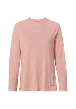 Lichtroze langemouwshirt met ronde hals, raglanmouwen, en subtiele logodetail aan de onderzoom. Gladde stoftextuur.