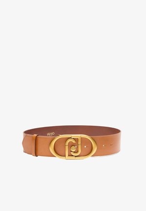 Brown leather belt featuring a large gold-tone oval buckle with interlocking design. Smooth texture with adjustment holes along the strap.