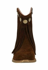 Bruine suède laars met een franjesontwerp, ronde neus en decoratieve metalen accenten. Rits aan de zijkant voor sluiting, korte schacht.