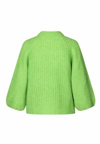 Grüner, gestrickter Pullover mit strukturiertem Muster, hat überschnittene Schulternähte und lockere, ballonförmige Ärmel. Rückansicht gezeigt.