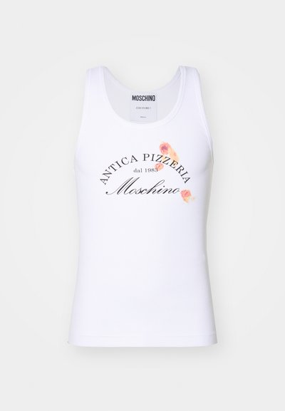 Λευκό βαμβακερό αμάνικο μπλουζάκι με γραφική εκτύπωση που γράφει "ANTICA PIZZERIA dal 1983 Moschino" με λουλούδια σε πορτοκαλί και ροζ χρώμα.