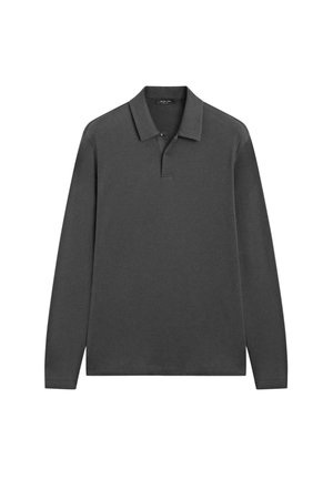 Poloshirt met lange mouwen in donkergrijze stof, voorzien van een klassieke kraag, knoopsluiting en een gladde, gestructureerde afwerking. Geen patronen of accenten.