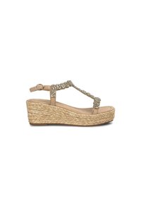 Sandalo con zeppa beige con suola in juta intrecciata, design a T decorato con accenti di gemme trasparenti e cinturino alla caviglia regolabile.