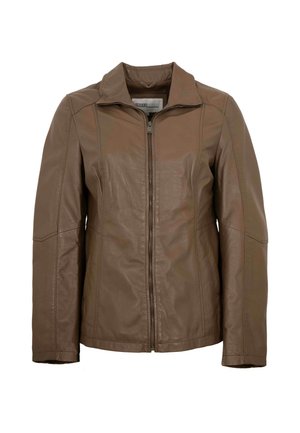 Braune Lederjacke mit durchgehendem Reißverschluss, langen Ärmeln und Stehkragen, dargestellt vor weißem Hintergrund.