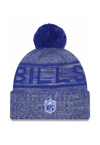 Strickmütze in Blau und Grau mit einem Pompon oben. Verfügt über ein NFL-Logo-Patch und das Wort "BILLS", das in das Design eingewoben ist.