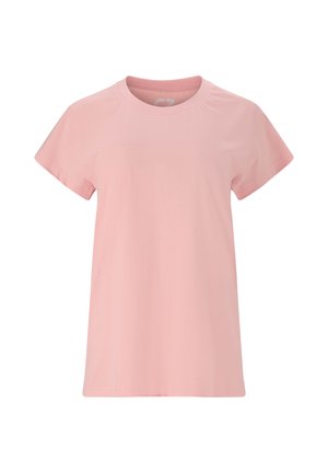 Helles rosa Kurzarm-T-Shirt aus weichem Stoff, mit rundem Halsausschnitt und lässigem Schnitt sowie leicht gerafften Schultern.