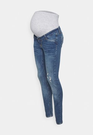 Jeans skinny premaman con fascia elastica grigio chiaro, denim blu scuro consumato e design aderente che si restringe alle caviglie.
