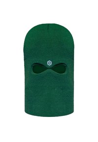 Balaclava verde lavorata a maglia con aperture per gli occhi, tessuto testurizzato e un accento di logo esagonale. Progettata per coprire testa e viso.