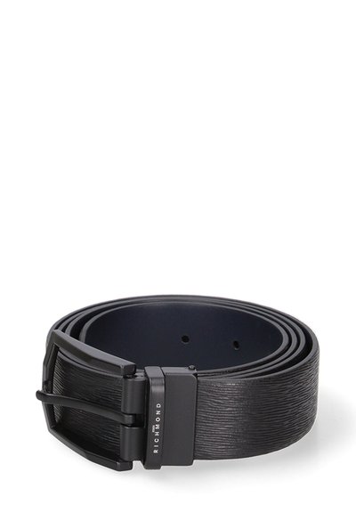 Black leather belt featuring a textured design, a matte black metal buckle, and multiple adjustment holes for fit.