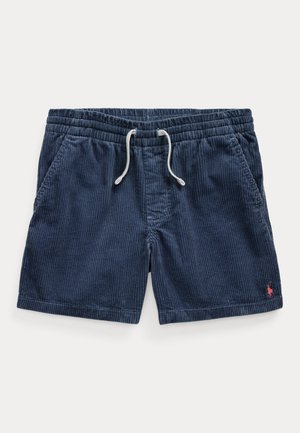 Mørkeblå corduroy-shorts med elastisk livkant, snor i midjen, to sidelommer og en liten rød logoakcent på kanten.