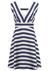 Mörkblå och vit randig klänning med V-ringning, korta ärmar, figursydd midja och utsvängd kjol. Slätt tyg med en klassisk design.
