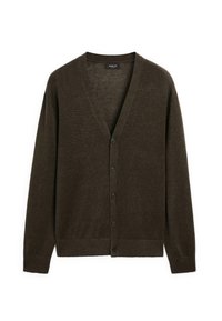 Brown, knitted cardigan with a V-neck, six front buttons, and ribbed cuffs and hem. Soft texture, long sleeves, and a relaxed fit.
