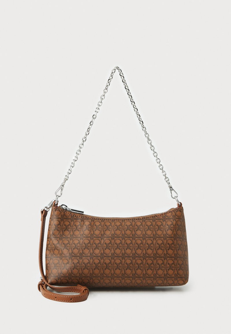 Brown leather shoulder bag with embossed pattern, silver chain strap, and detachable leather shoulder strap. Flat, elongated shape.
