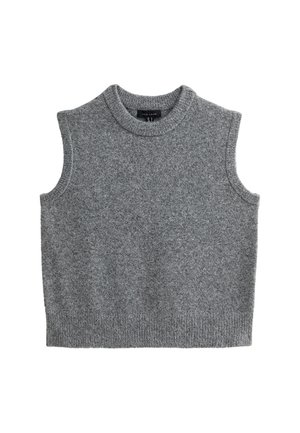 Gilet sans manches en tricot gris avec un col rond haut et un ourlet côtelé, posé à plat sur un fond blanc.