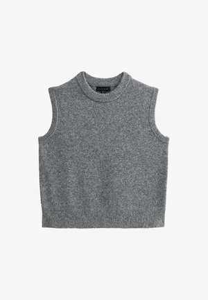 Gray knitted sleeveless sweater vest with a high round neckline and ribbed hem, laid flat on a white background.