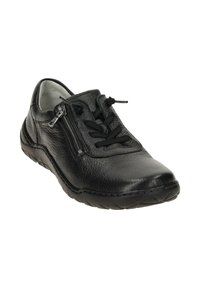 Black leather shoe featuring a textured upper, lace and zip closure, rounded toe, and a flexible rubber sole for comfort.