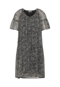 Mustat lyhythihaiset mekko, jossa on paisley-kuvio, kevyt kangas ja kerroksellinen muotoilu. Ominaisuuksiin kuuluu V-pääntie ja hienot röyhelöhihat.