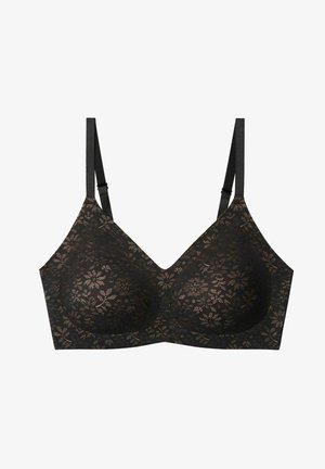 Black lace bra featuring floral patterns, soft cups, adjustable straps, and a V-neck design. Lightly textured fabric.
