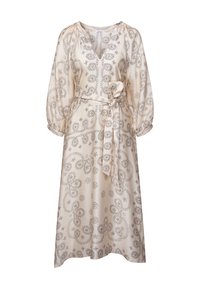 Cremfarbendes Kleid mit floralen Mustern, V-Ausschnitt, langen Puffärmeln, einem taillierten Gürtel und einer fließenden Silhouette.