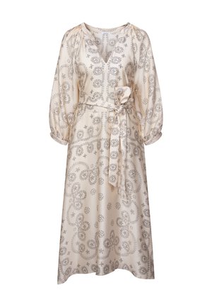 Cremfarbendes Kleid mit floralen Mustern, V-Ausschnitt, langen Puffärmeln, einem taillierten Gürtel und einer fließenden Silhouette.