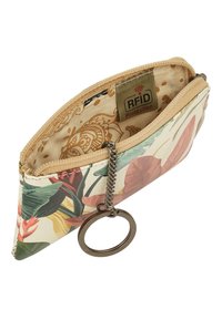 Cartera con estampado floral, exterior beige, cierre de cremallera y etiqueta de protección RFID. Cuenta con un enganche para llaves para mayor comodidad.