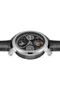 Mechanisch horloge met een zilveren roestvrijstalen kast, zwarte leren band, transparante wijzerplaat die de ingewikkelde beweging toont en meerdere wijzerplaten.