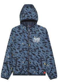 Marineblaue Kapuzenjacke mit blauen Wellenmustern, bunten Surfbrettern, durchgehendem Reißverschluss, Taschen und dem Text "Pacific Surf Spot" auf der Brust.