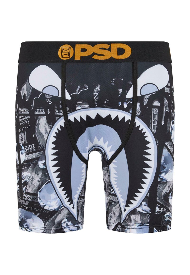 Fekete boxer alsónemű, nagy cápa száj grafikával, gyémánt mintákkal és dollár bankjegy motívumokkal. A derékpánt fekete, arany "PSD" felirattal.