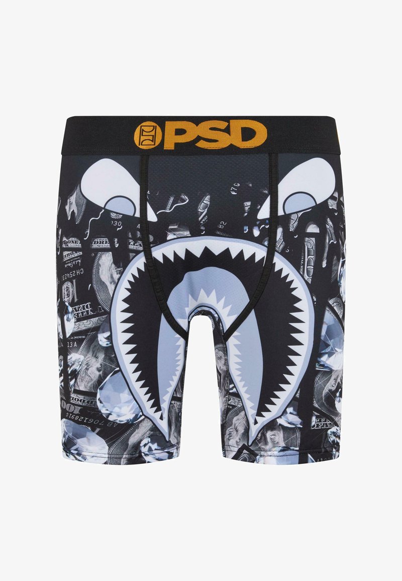 Černé boxerky s velkým grafickým motivem žraločí tlamy, diamantovými vzory a motivy dolarových bankovek. Elastický pás je černý s nápisem "PSD" ve zlaté barvě.
