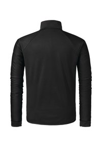 Schwarzer Pullover mit langen Ärmeln und hohem Kragen, aus strukturiertem Stoff gefertigt. Verfügt über Raglanärmel und ein schlichtes Design ohne sichtbare Verschlüsse.