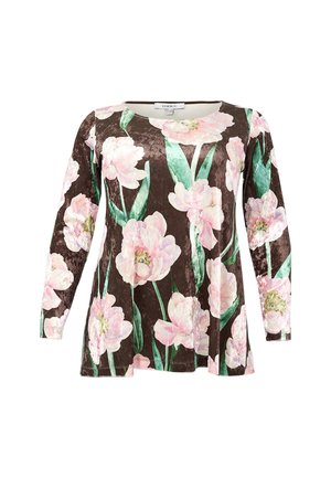 Brun bluse med lange ærmer, prydet med et blomsterdesign af lyserøde tulipaner og grønne blade. Blød tekstur med en afslappet pasform.