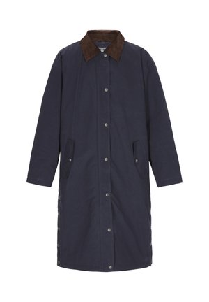 Marineblauwe lange jas met een bruine corduroy kraag, voorste drukknoopsluiting, zijsnap-sluitingen en klepzakken aan elke kant.