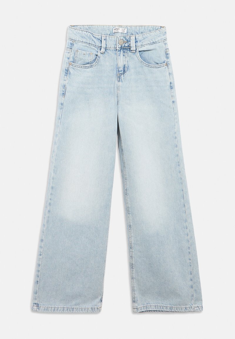 Jeans a gamba larga color azzurro chiaro in denim, con vita alta, passanti per cintura, cinque tasche e un leggero effetto sbiadito sul tessuto.