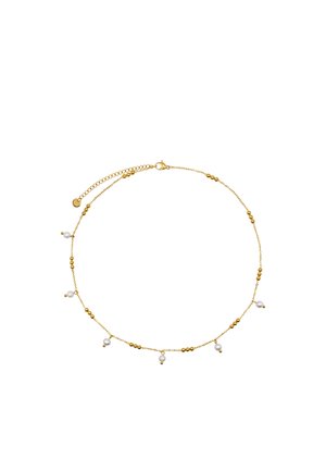 Delicate gold chain necklace with spaced small gold beads and hanging white pearls evenly distributed around the chain.