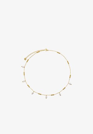 Delicate gouden ketting met verspreide kleine gouden kralen en hangende witte parels die gelijkmatig over de ketting zijn verdeeld.