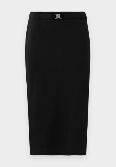 Black pencil skirt with a smooth fabric texture, featuring a slim fit and a decorative silver buckle belt at the waist.