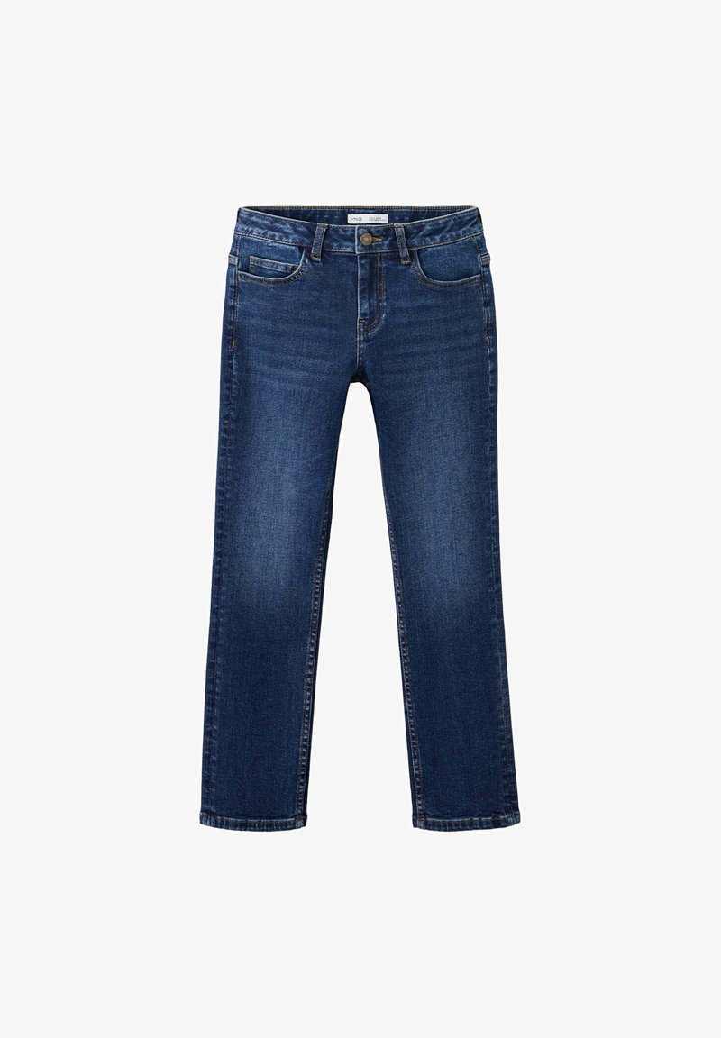 Jean en denim bleu foncé avec bouton devant, cinq poches et jambes droites sur fond blanc.