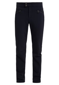 Pantalons ajustés bleu marine en tissu lisse, dotés de deux poches zippées et d'une double fermeture à bouton au niveau de la taille.