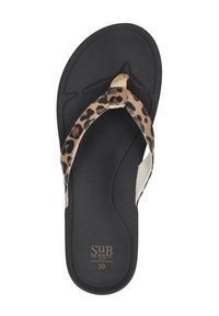 Brown leopard print flip-flop with a black rubber sole, featuring a single toe post and strap design. Size labeled as 39.