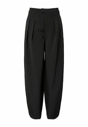 Czarne spodnie o luźnym kroju, z plisami z przodu, prostymi nogawkami i gładką fakturą tkaniny.