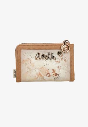Cartera con cremallera en cuero beige con diseño floral transparente, cuenta con herrajes plateados y "Aneke" grabado en letras metálicas.