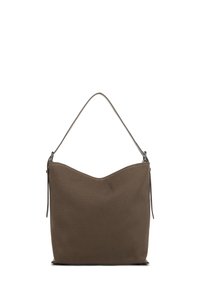 Borsa a tracolla in tessuto marrone con un bordo superiore morbido e curvato, un'unica tracolla e dettagli di cucitura discreti. Chiusura con zip laterale.